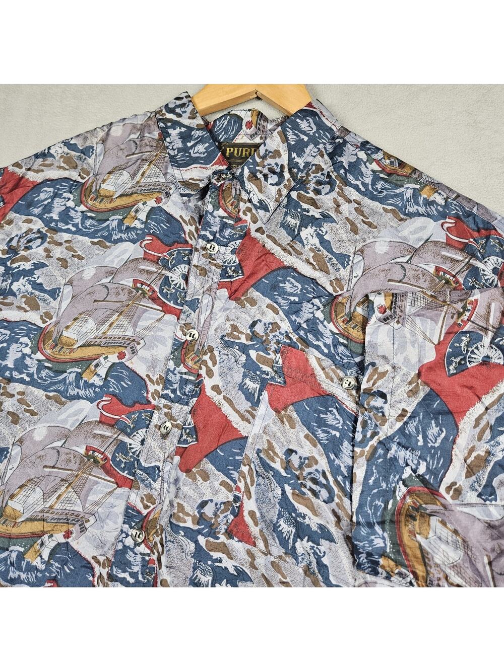 Vintage Pure Silk Shirt Mens Large Nautical Boating Ship Captian Blue Cruise AOP